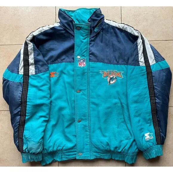 Miami Dolphins 90s STARTER puffer jacket M navy teal NFL Pro Line